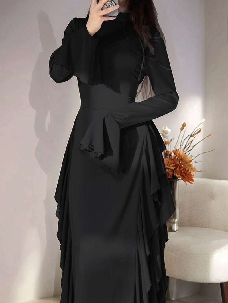 Women'S Bodycon Dresses Elegant Bell Sleeve Ruffle Hem Cocktail Party Long Dress Black XL
