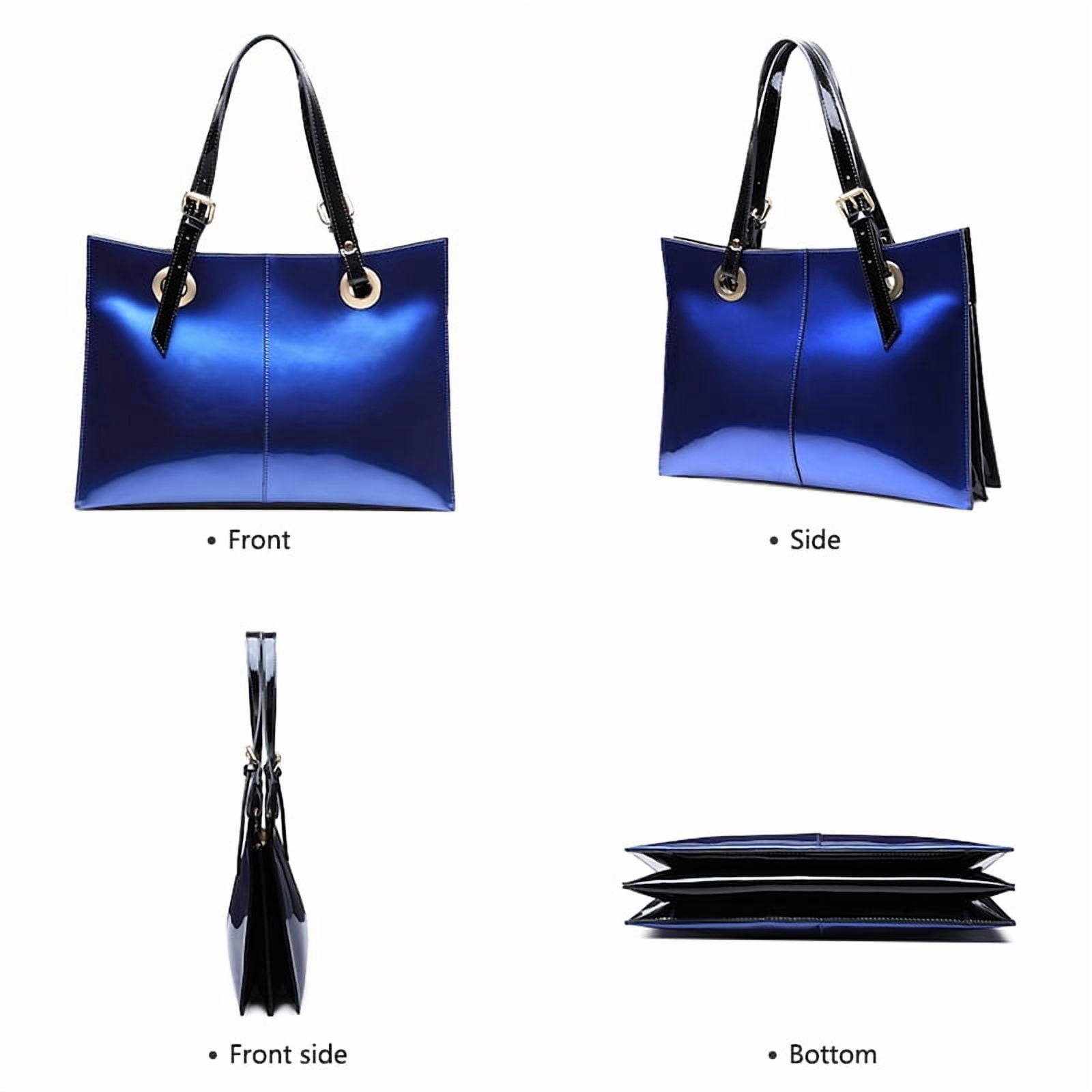 FEIMINA Patent Leather Shoulder Bag For Women, Luxury Designer Handbags Women,Genuine Shiny Large Leather Bag, Retro Dark Blue tote bag Purse