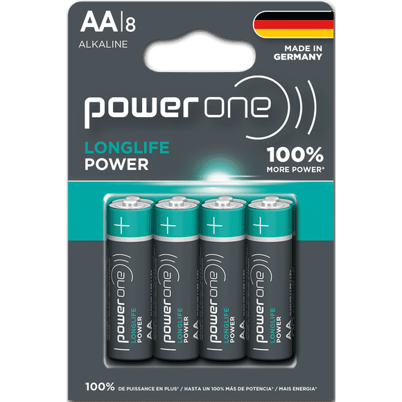 POWER ONE LONGLIFE POWER AA Battery Pack of 8 Long Performing Alkaline Batteries Made in Germany With Up To 10 Years Shelf Life