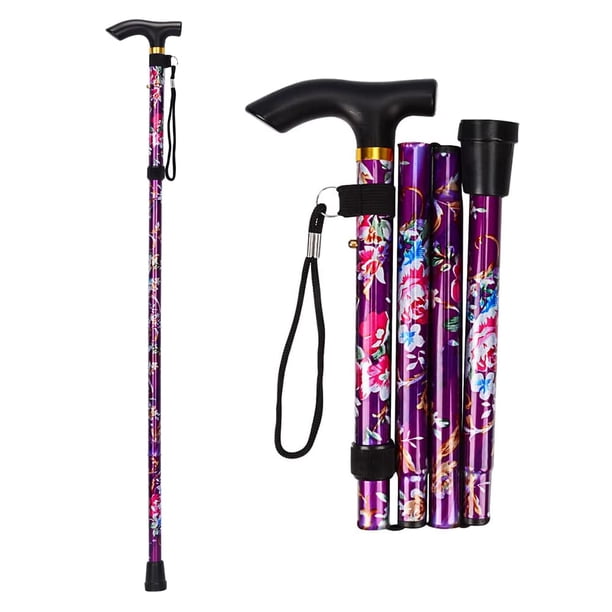 Bastón plegable para mujeres y hombres mayores, ligero y plegable para el equilibrio de personas mayores, ajustable, con muletas para adultos (flor morada).