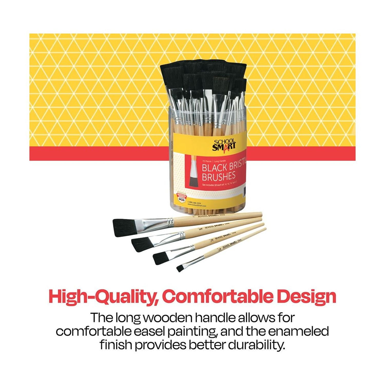 School Smart Interlocked Black Bristle Long Enameled Hardwood Handle Paint Brush Set 72- Clear