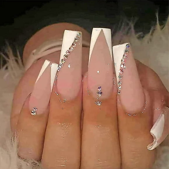 Woeilo French Tip Press on Nails Long with Designs Pink and White Rhinestones False Fake Nails Press On Coffin Artificial Nails for Women Stick on Nails With Glue on Static nails A1 1
