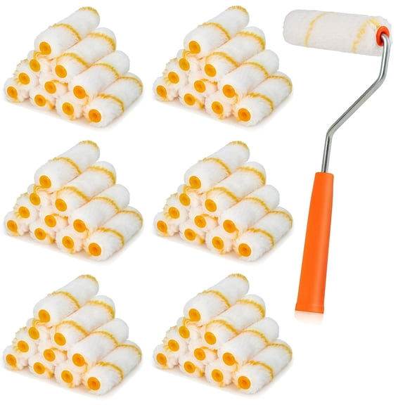 61-Piece 4 Inch Paint Roller Kit, Includes 1 Long Handle Roller Frame & 60 Refill Covers, for Walls, Trim, Home Repair & Crafts
