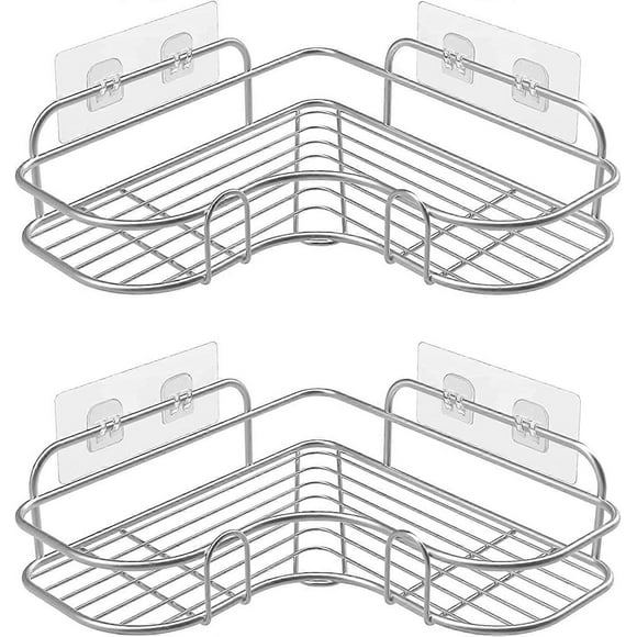 Shower Corner Shelves No Drilling, Stainless Steel Bathroom Storage Shelf with 2 Self Adhesive Hooks, Wall Mounted Shower Caddy Organiser Shelves for
