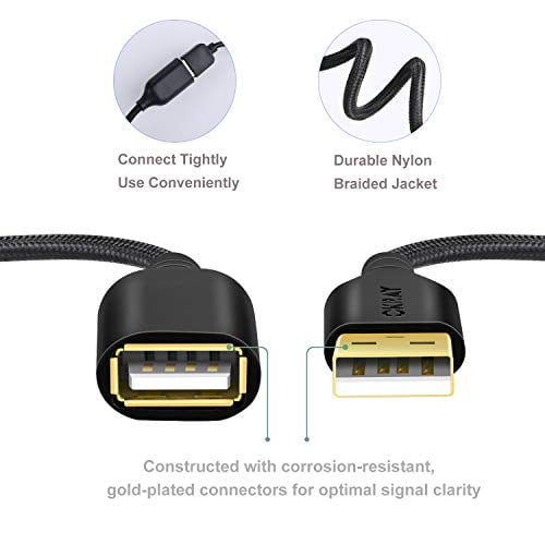 1.83M OKRAY 5 Pack Nylon Braided USB 2.0 Extension Cable Extender Cord 6 Feet All Black A Male to A Female with Gold-Plated Connector 