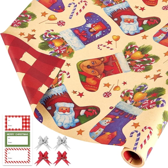 NeoMart-Kraft Christmas Wrapping Paper Rolls Set,Brown Vintage Retro Cute Kids Heavy Duty Premium Traditional Gift Wrap,ChristmasStocking,Santa,Snowman,Reindeer,Angel,Plaid Reversible,Total 28.5sq.ft