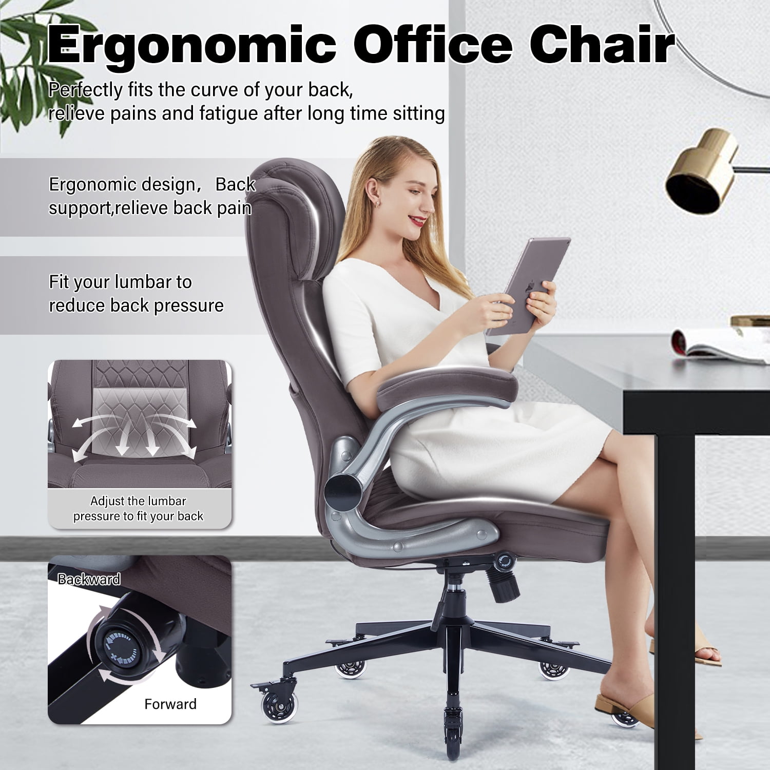 High Back Office Chair with Lockable Wheels, 400lbs Large Fabric Executive Desk Chair, Adjustable Lumbar Support Flip up Arms, Ergonomic Home Office Computer Chair with Storage Pocket, Cocoa