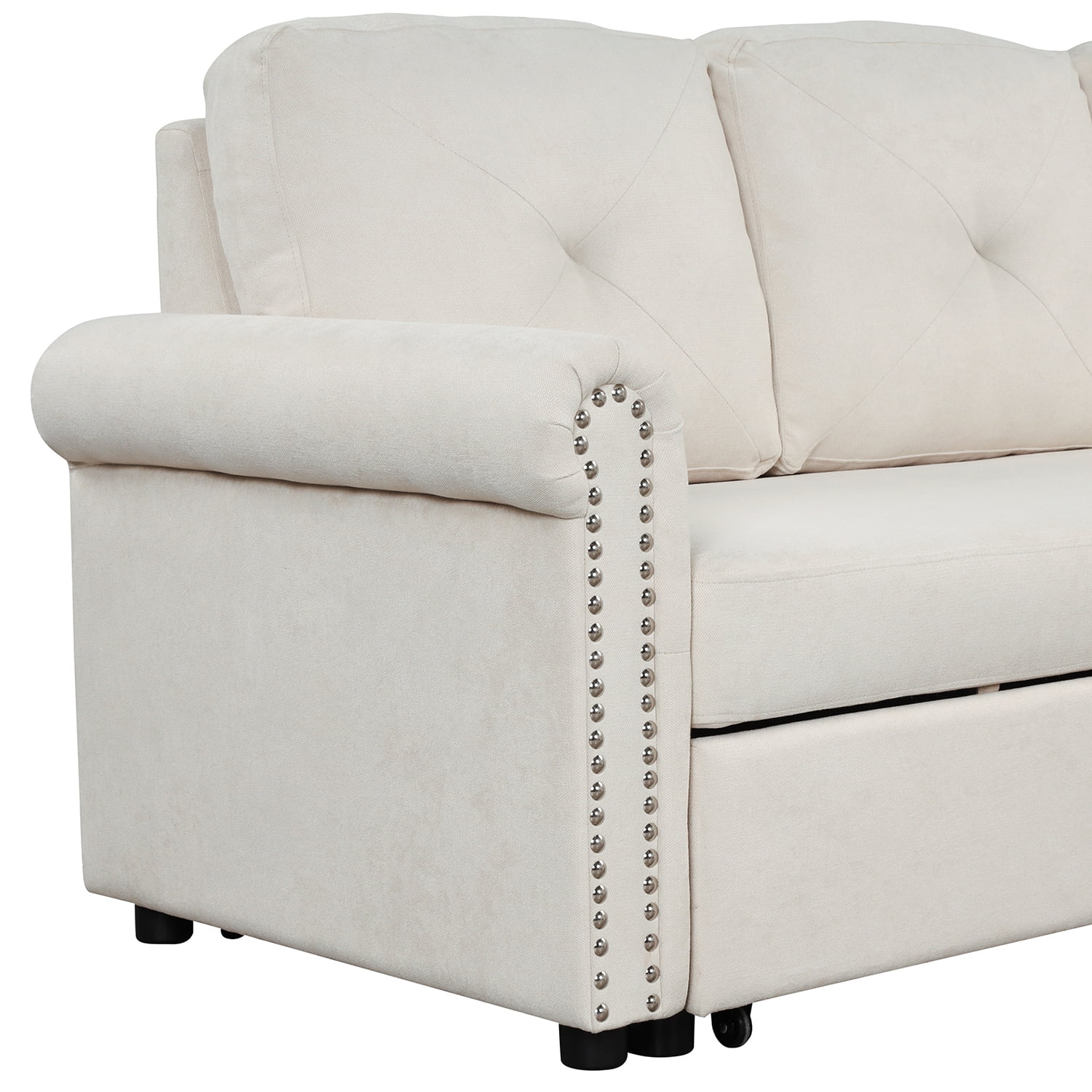 Kadyn 83" Mid-century Velvet Convertible Sectional Sofa Bed, 3-Seater L-shape Corner Futon Sofa with Storage Chaise, Modern Sleeper Sofa Bed for Apartment, Beige