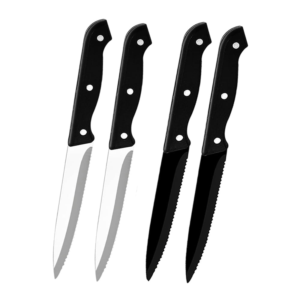Steak Knives Set of 4, Triple Riveted Stainless Steel Dining Knife Set with Serrated Blade for Precise Cutting, Lightweight, Dishwasher Safe, Black and Silvery