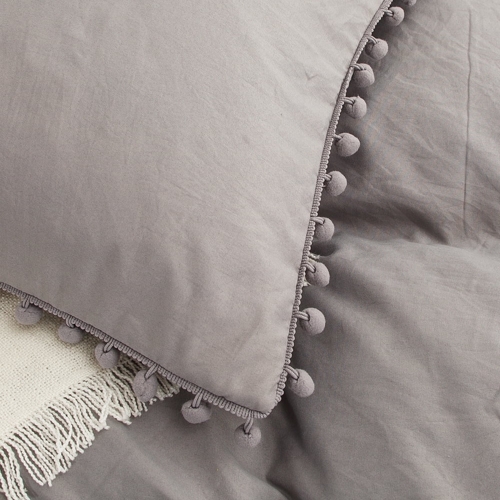 Move Over Light Grey Pom Poms Pillowcases Queen, Grey Pillowcases Set of 2, 100% Washed Microfiber