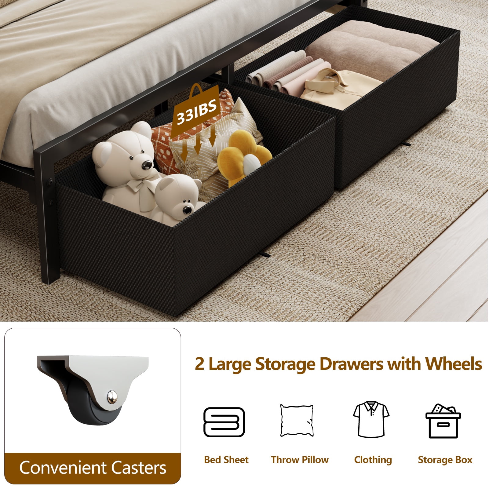 Satifur Farmhouse Queen Bed Frame with 2 Storage Drawers and Headboard, No Box Spring Needed