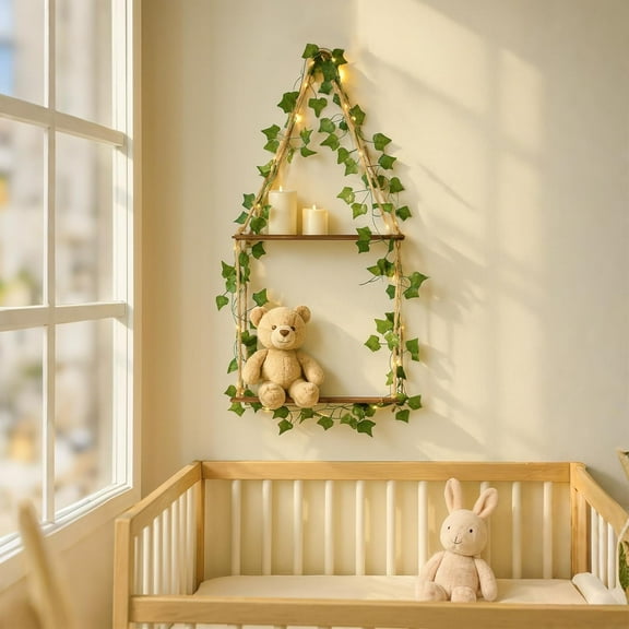 Shelf for Wall with LED Light and Artificial Ivy, Floating Shelves, Floating Shelves for Wall No Drilling, Adhesive Shelves, Command Strip Shelf, Bedroom Decor Aesthetic, Room Decor Aesthetic