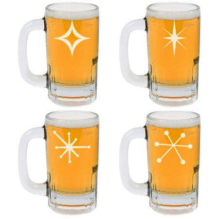 

12oz Beer Mug Stein Glass Retro Starbursts Mid Century Modern Art Deco Collection Gift Set of 4