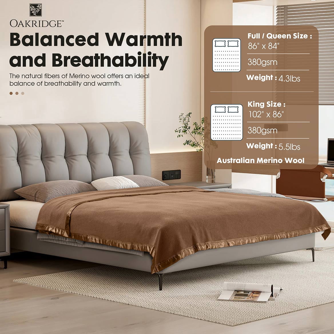 OakRidge Heirloom Merino Wool Blanket – 100% Australian Wool with Vintage Satin Edges – Breathable, Odor-Resistant, All-Season Bedding in Full/Queen Size – Tan Cozy Throw for Home or Travel
