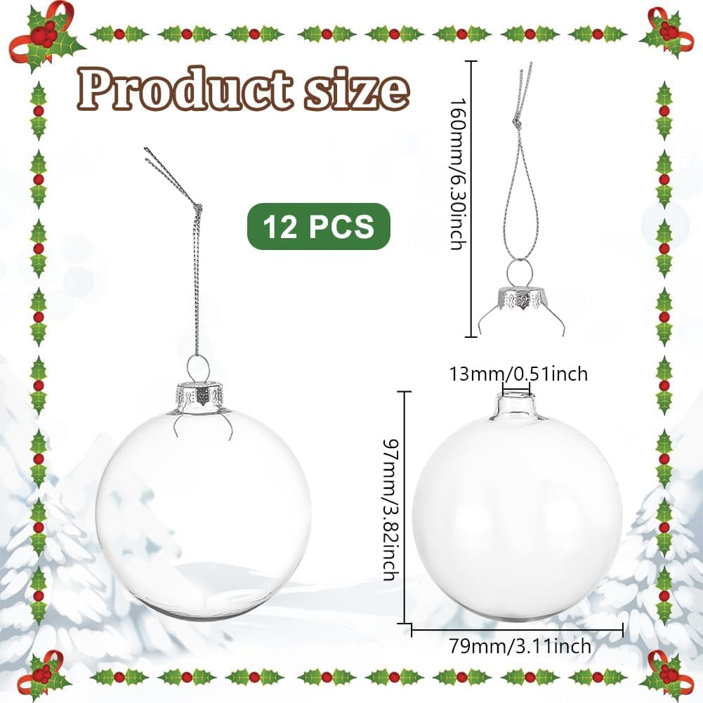 12Pcs Clear Glass Christmas Ornament Balls 3.8x3 Round Fillable Christmas Ornaments Plastic Ornaments for Crafts Fillable Hanging Ornament Ball for Christmas Tree Wedding Home Decor 12pcs