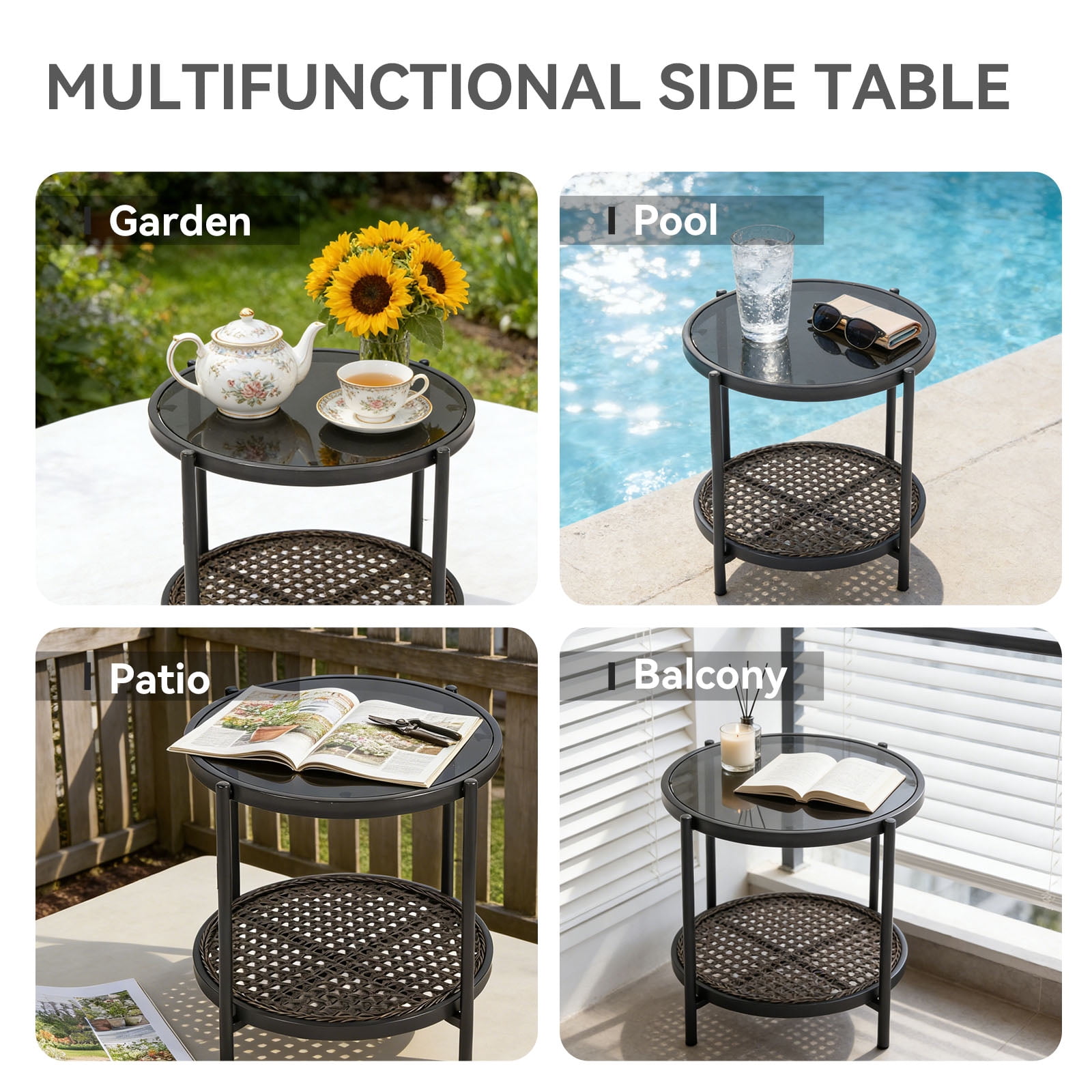Kinbor Outdoor Wicker Side Table – Roud Patio End Table with Tempered Glass Top, Rubber Suction Pads & Storage Shelf, All-Weather Rattan Coffee Table for Balcony, Porch, Deck, Garden, Easy Assembly