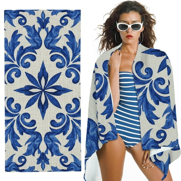 RKSupls Abstract Navy Blue Ethnic Boho Oversized Microfiber Beach Towel,  Ultra-Soft Microfiber for Bathroom, beach, Soft Super Absorbent- 30x60 in