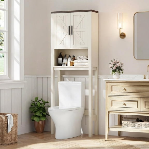 Over the Toilet Cabinet, Double Door Bathroom Storage Organizer, Toilet Rack with Open Storage Shelf, FreeStanding Toilet Shelf Space Saver, for Bathroom, Restroom, Laundry