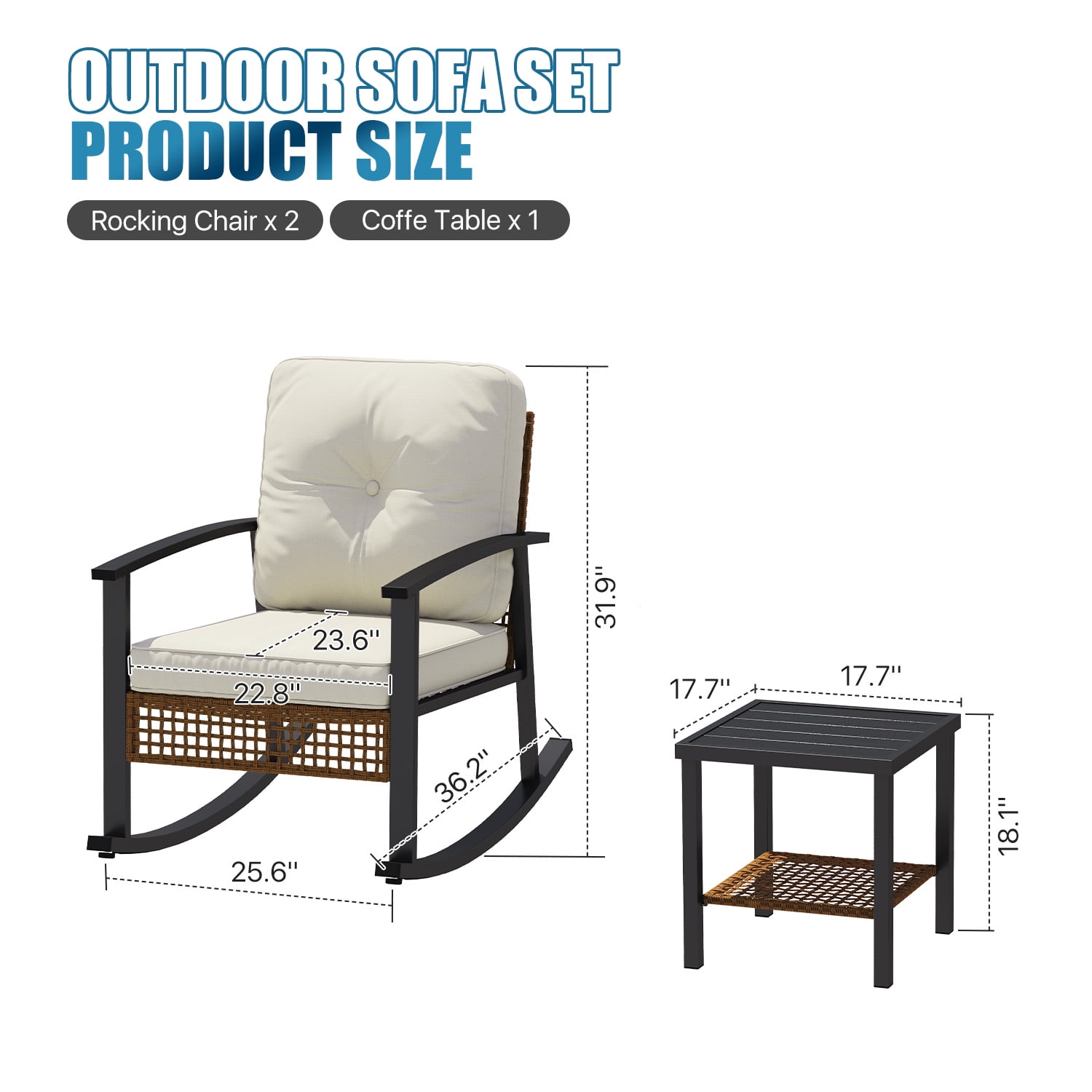 BaPiPro 3-Piece Outdoor Rocking Chair Set, PE Wicker Patio Furniture with Water-Resistant Cushions, Galvanized Steel Frame, 2-Tier Coffee Table, for Porch, Backyard, Poolside, Beige