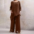 thumbnail image 3 of qILAKOG Women's Autumn Cotton Linen Set Womens Plus Size 2 Piece Lounge Sets Long/Short Sleeve Pockets Shirt and Elastic Waist Wide Leg Pants Sets Streetwear Casual Tracksuit, L&Coffee, 3 of 7
