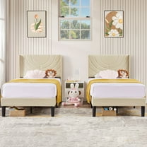 VECELO Set of 2 Twin Bed Frames, Modern Upholstered Platform Bed Frame with Tufted Headboard, No Box Spring Needed, Beige