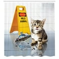 thumbnail image 3 of Animal Shower Curtain, Cute Flirty Adorable Kitten on the Floor with UFO and Warning Sign Art Print Image, Fabric Bathroom Set with Hooks, 69W X 84L Inches Extra Long, Multicolor, by Ambesonne, 3 of 3