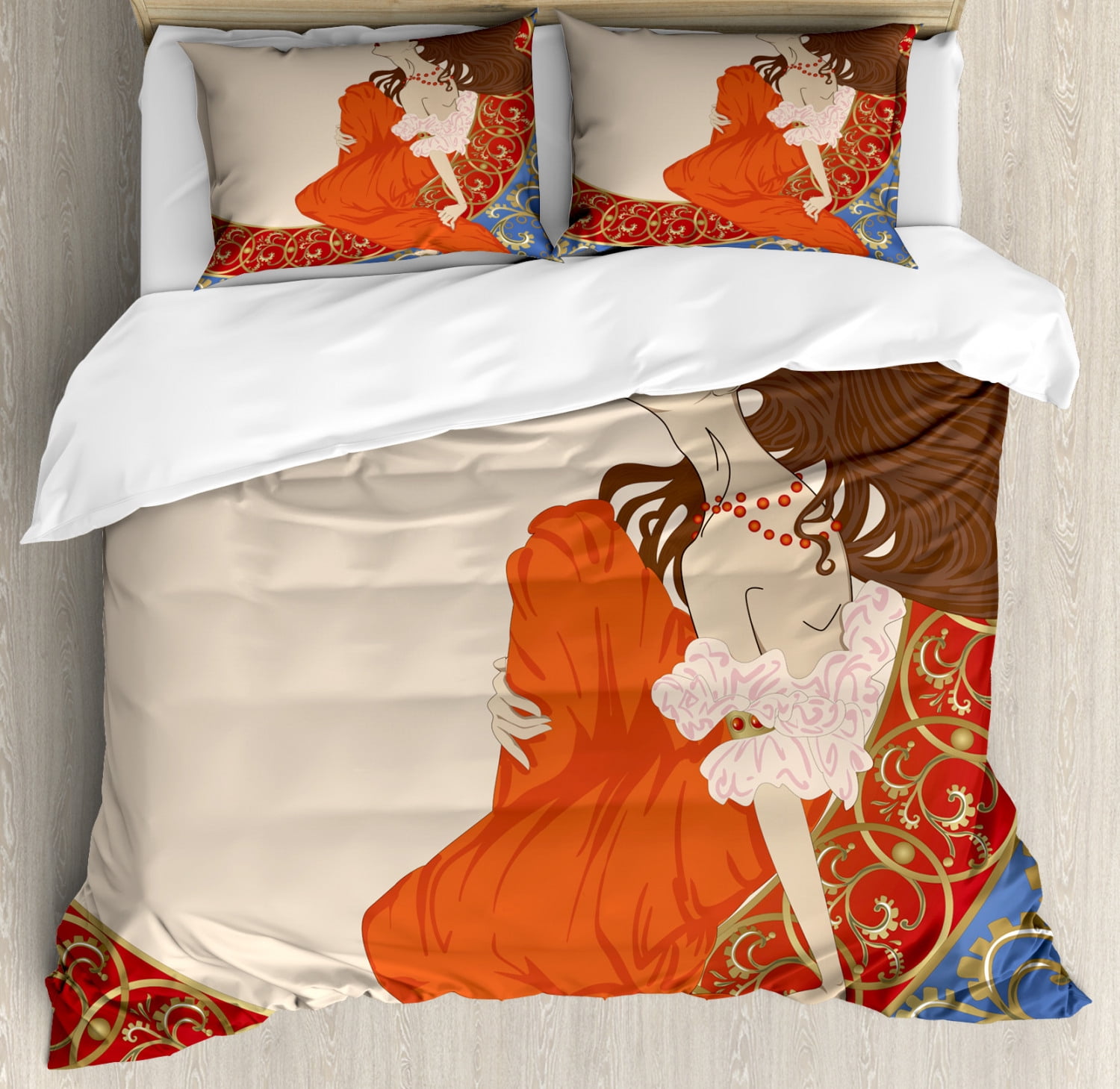 Art Nouveau Duvet Cover Set, Antique Woman in an Old Fashioned Medieval
