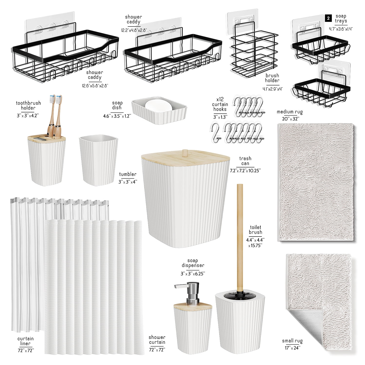 Lammaloe White Bathroom Accessories Sets and Shower Caddy for Bathroom Sets with Shower Curtain Sets and Rugs and Accessories for Bathroom Decor with Toothbrush Holder