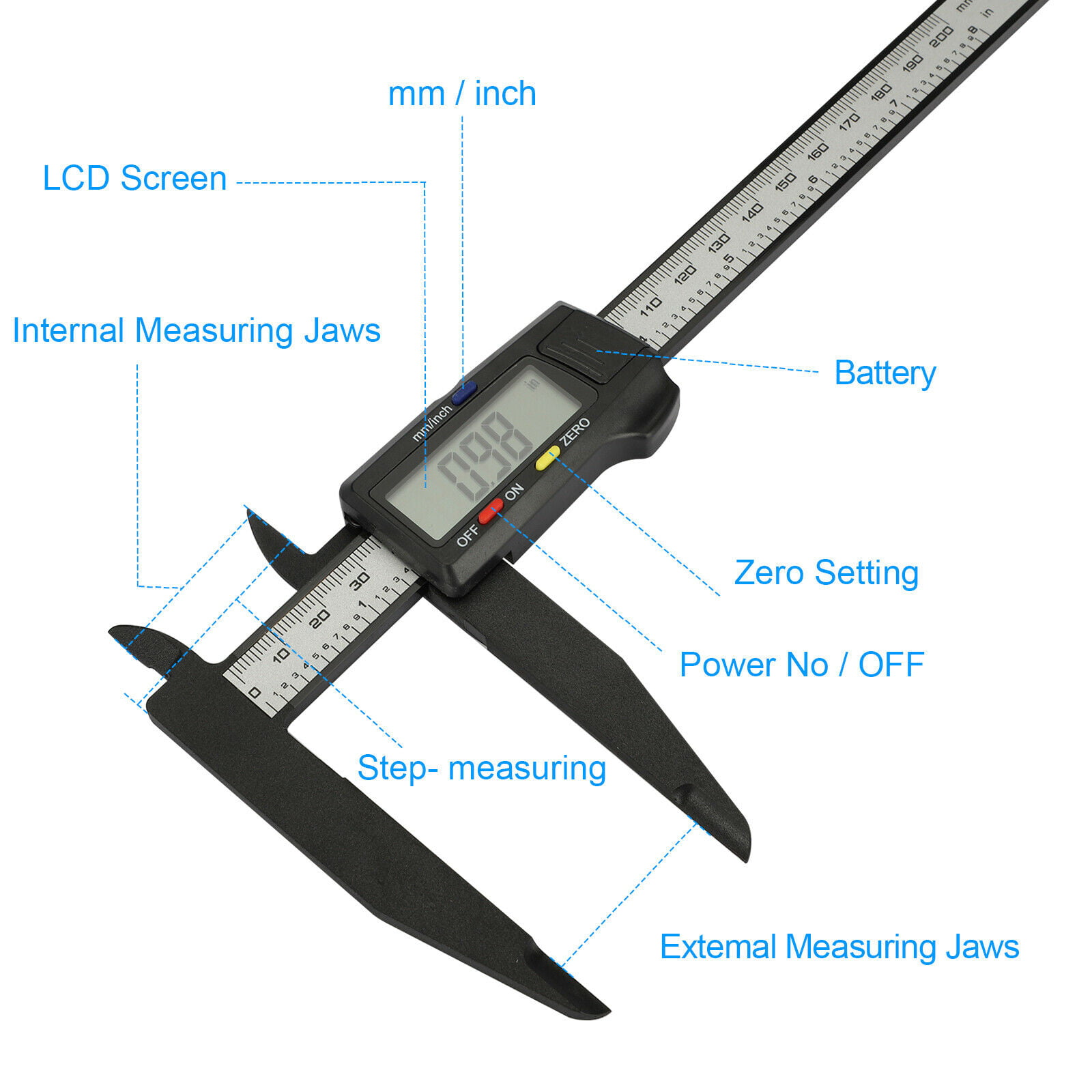 NUOLUX LCD Digital Caliper Electronic Carbon Fiber Vernier Micrometer 8inch 200mm