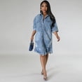 thumbnail image 2 of AURA Plus Size Washed Denim Fringe Dress Mid Length Collared Five Sleeve Elegant Work Style, 2 of 8