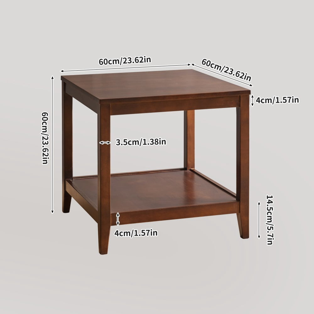 24" Walnut Solid Wood End Table, 2-Tier Square Side Table with Storage Shelf, Wooden Nightstand, Small Coffee Table for Living Room, Bedroom, Office