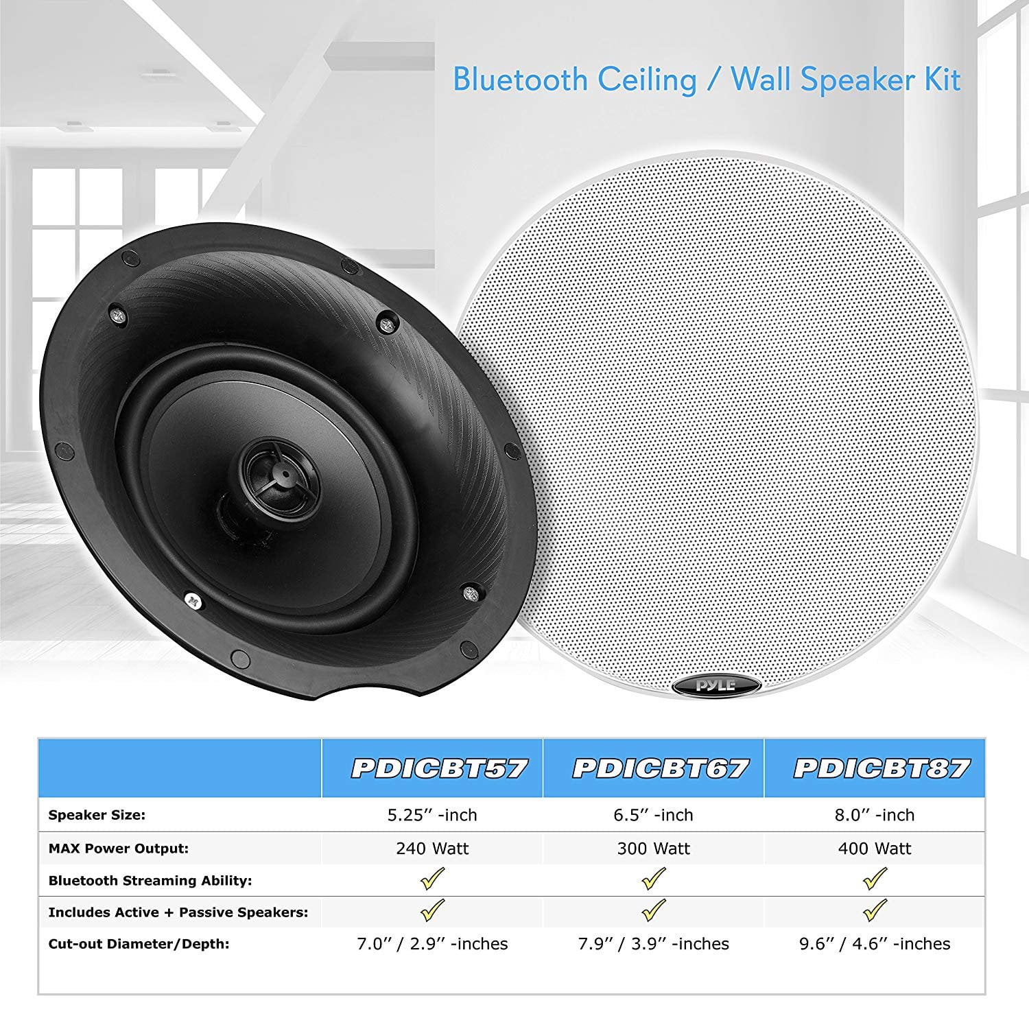 Pyle PDICBT87 - Dual 8.0’’ Bluetooth Ceiling / Wall Speaker Kit, (2) Flush Mount 2-Way Speakers, 400 Watt