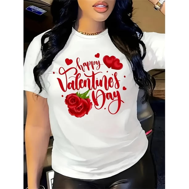 Chic 'Happy Valentine's Day' Red Rose Graphic T-Shirt for Women - Casual Round Neck, Short Sleeve ToCamisetas para mujer, lindas camisetas con estampado gráfico, de manga corta, estilo casual, para ve