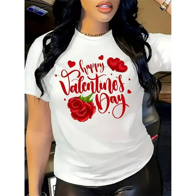 Camiseta elegante con estampado de rosa roja "Feliz Día de San Valentín" para mujer. Cuello redondo informal, manga corta, 100 % algodón, ideal para primavera y verano. Camisetas de San Valentín.