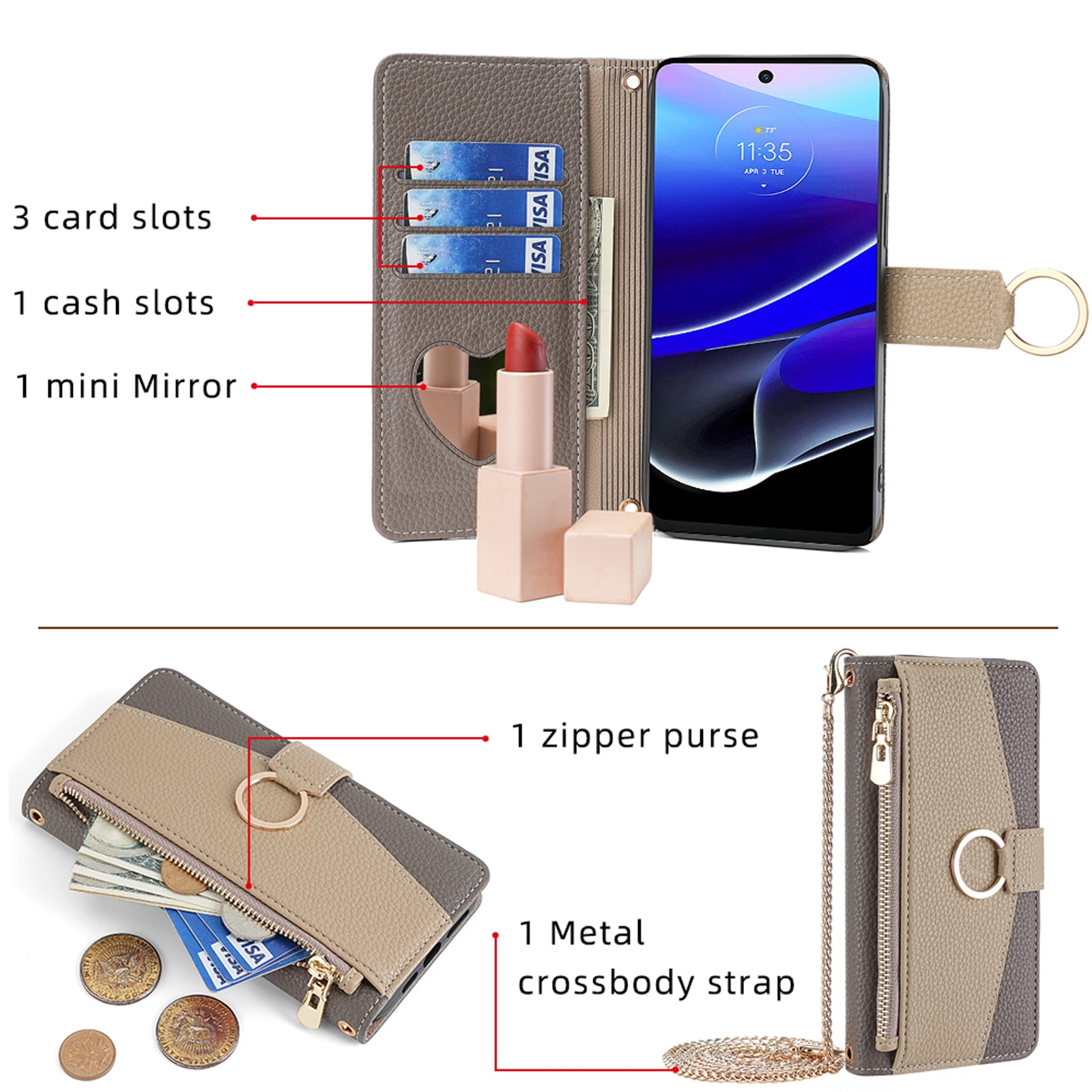 Phone Case for Google Pixel 7 Zipper Wallet Cover with Make-up Mirror, Flip Cover PU Leather Ring Card Holder Kickstand Crossbody Strap Chain Cell Phone Cover for Google Pixel 7, Gray
