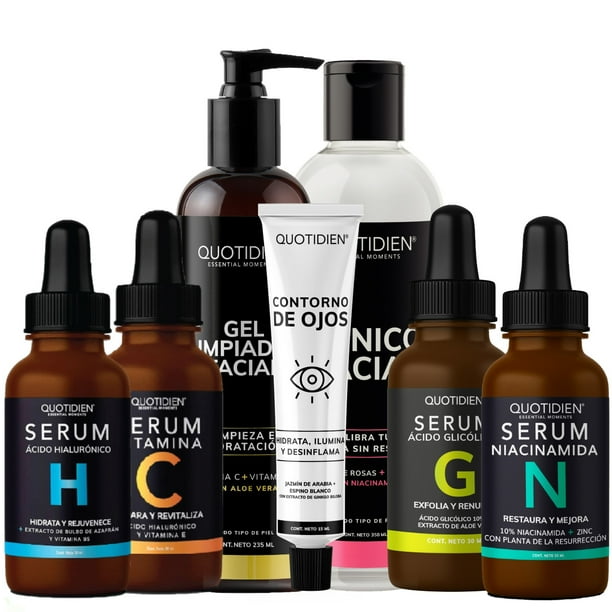 Kit Limpiador + Tónico + Serum Vitamina C + Suero Acido Hialuronico + Niacinamida + Serum Acido Glicolico + Contorno de Ojos Skin Care Facial Quotidien