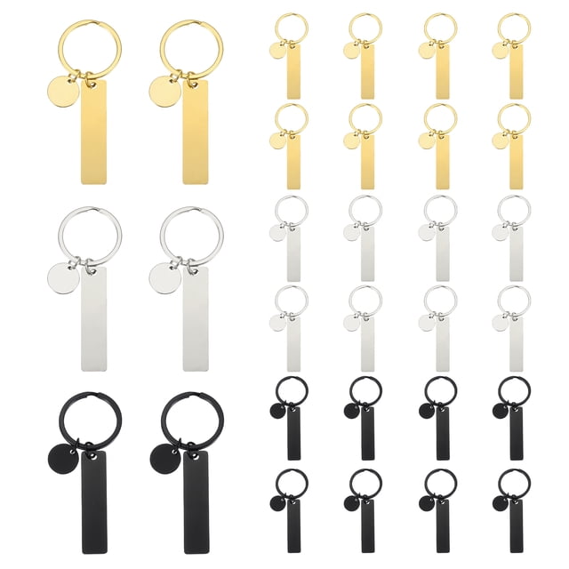 Blanks de Llavero para Grabado de Acero Inoxidable Uxcell, 30Pcs Blanks Metálicos Grabables por Láser, Dorado/Plata/Negro (Rectangulares)