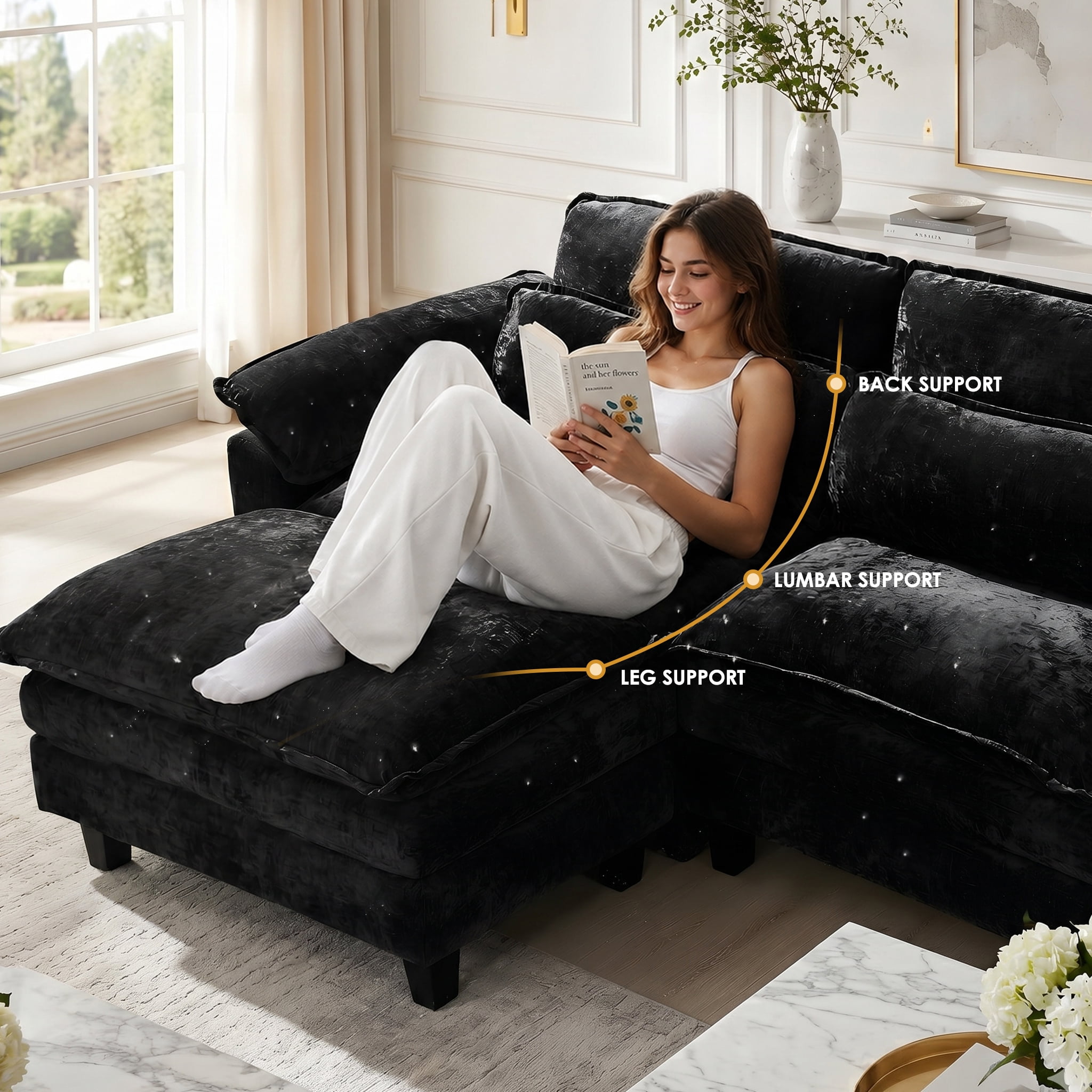 AISWORD U Shaped Cloud Couch Sectional, Oversized Modular Sofa with USB Charging, Hidden Storage, Cup Holders & Double Chaise for Living Room, Black