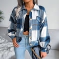 thumbnail image 4 of Defitshape Women's Long Sleeve Plaid Shirt Jacket Soft Flannel Fall Crop Top Vintage Fashion Casual Loose Short Button Down Shacket Royal Blue Small, 4 of 5