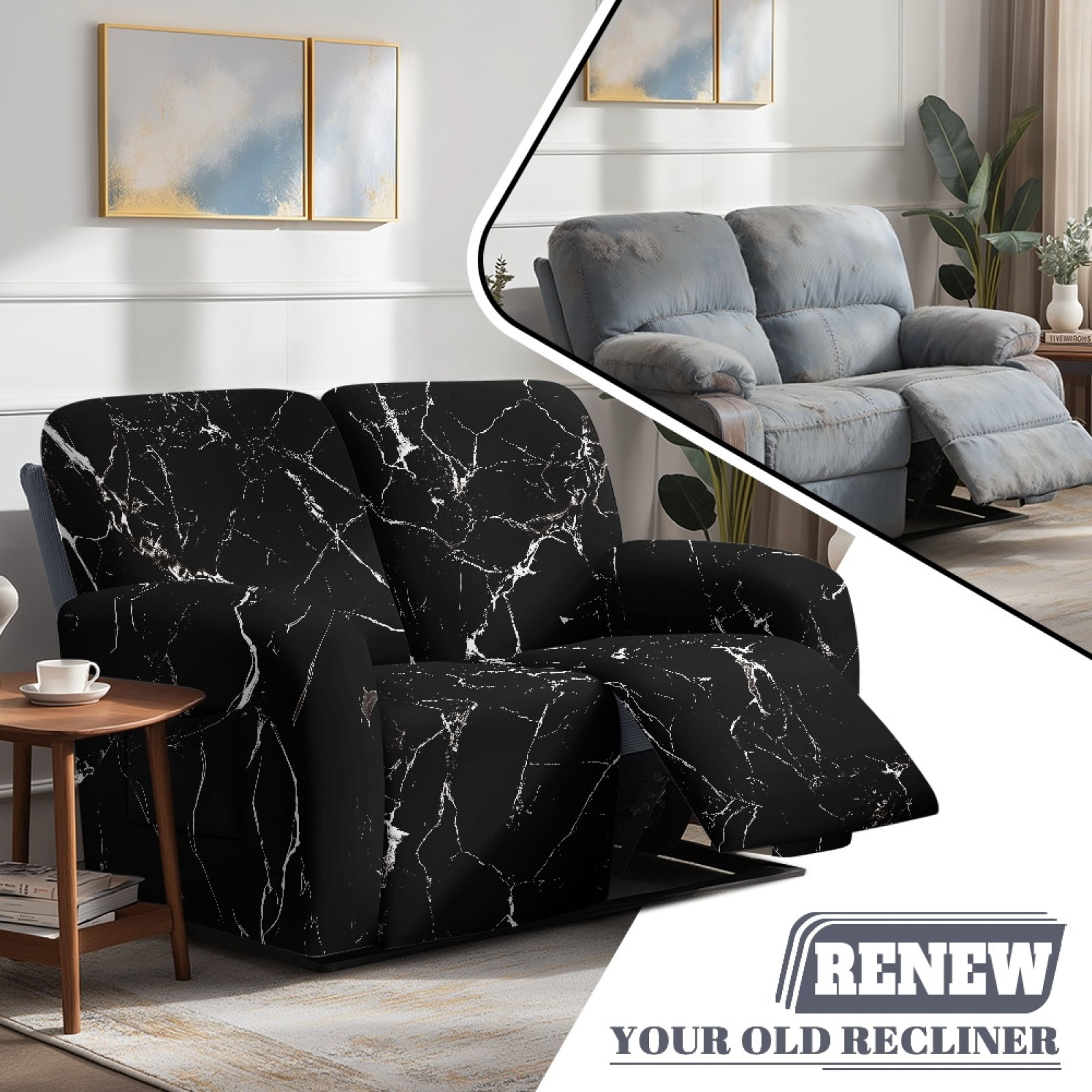 Xoenoiee Black Marble Print Recliner Loveseat Cover, Stretch Reclining Sofa Covers with Pockets, Washable Lazy Boy Recliner Slipcovers, Leakproof Couch Protector for Kids, Pets
