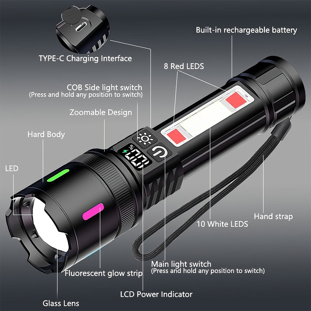 LITOM Rechargeable LED Flashlight 2 Pack, 2000lm & 3280ft Range, 7 Modes with COB Sidelight, 2000mAh 15H Runtime, IPX5 Waterproof, Type-C for Camping/Emergencies/Outdoor Activities