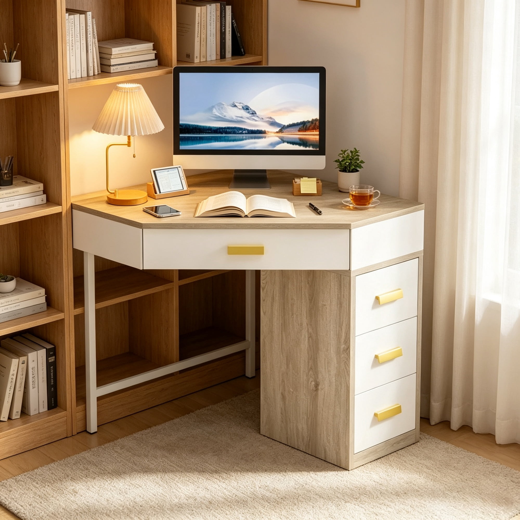 Triangle Corner Desk with 3 Drawers, Space-Saving Computer Desk & Makeup Vanity, Compact L-Shape Workstation for Small Spaces