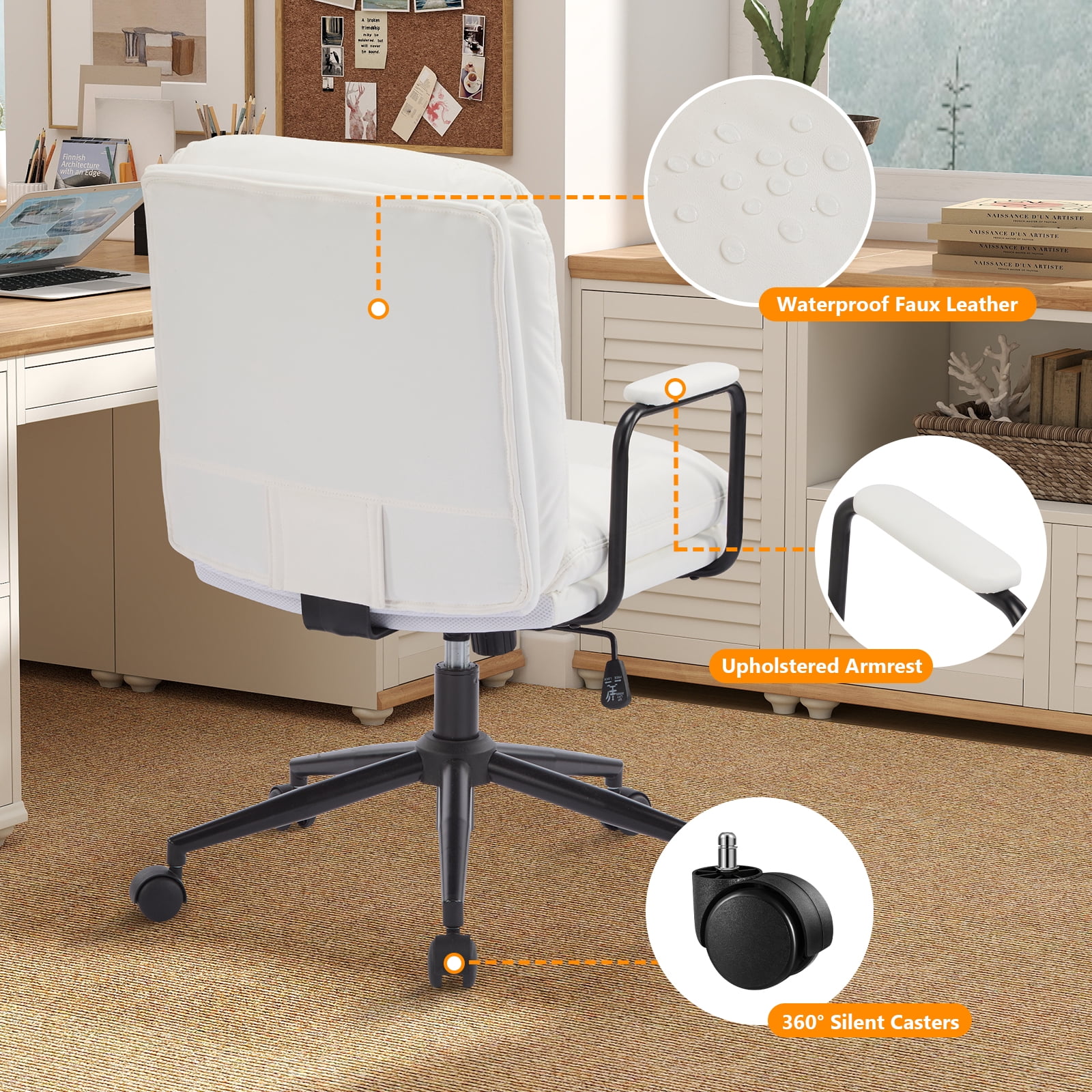 Falvinoryn Modern Office Chair, High Back Ergonomic Task Chair with Padded Armrests and Double Cushion, Swivel Home Office Desk Chair, Faux Leather Executive Armchair for Home, Bedroom (White)