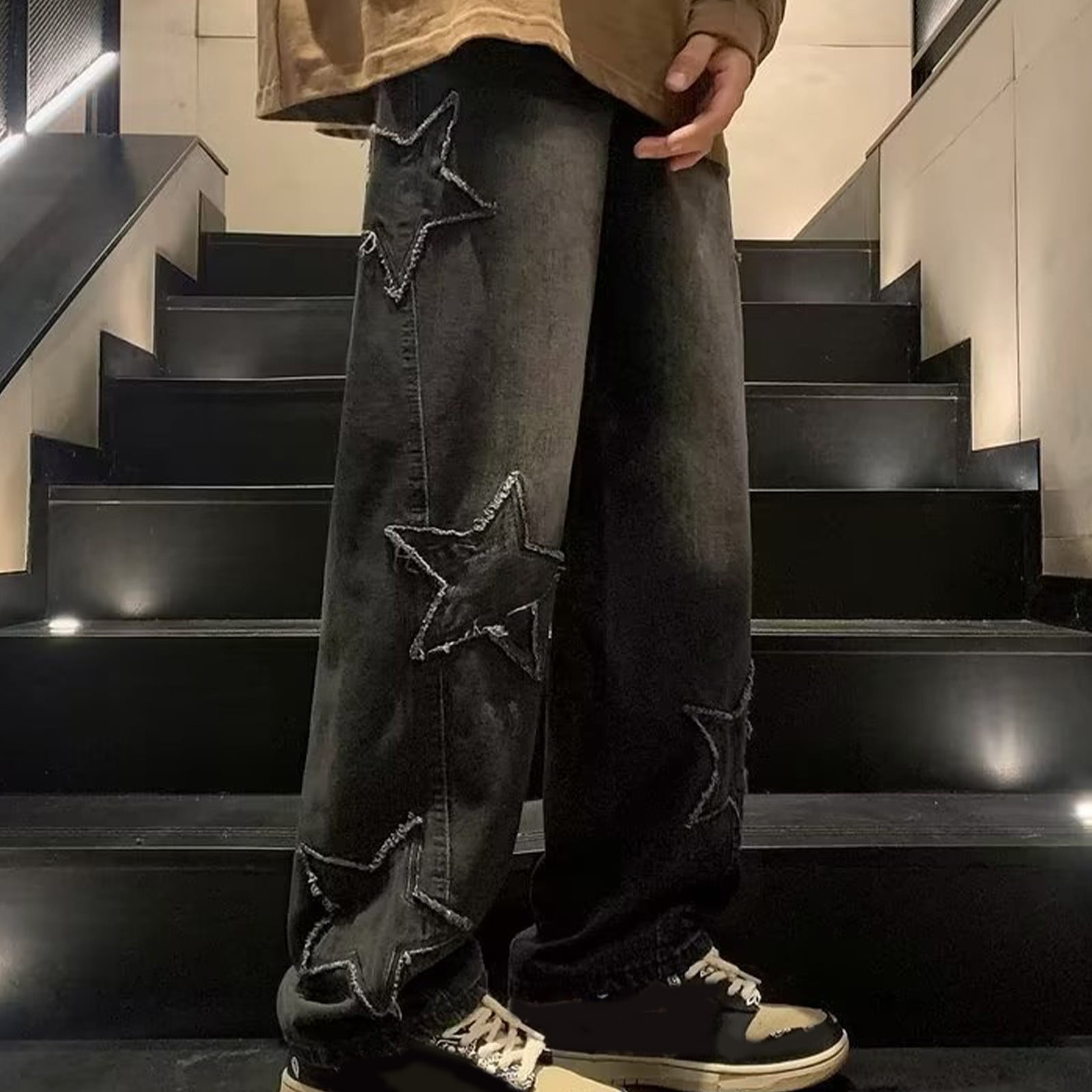 Alkepwun Mens Jeans Y2K Vintage Hip Hop Style Star Print Casual