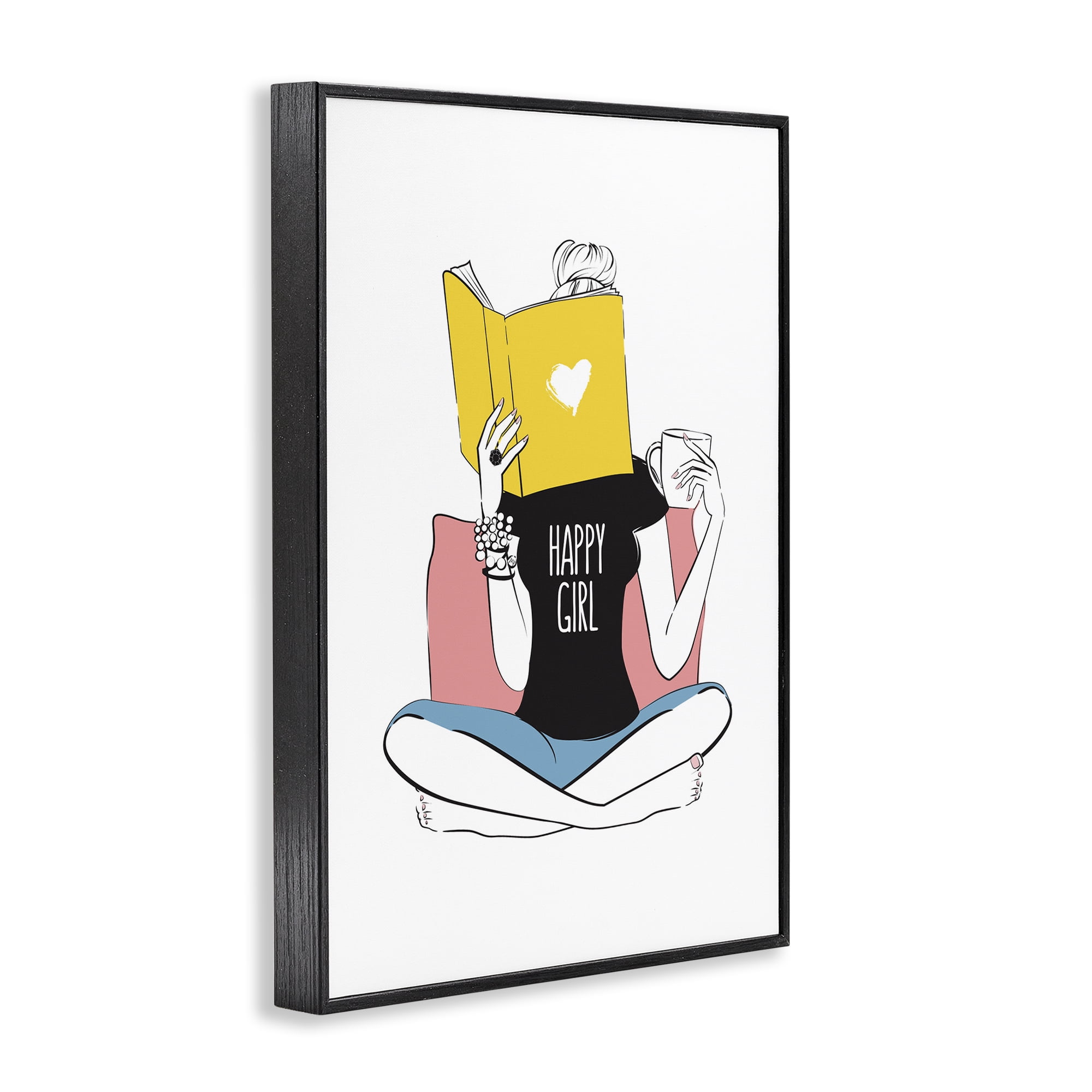 Stupell Industries Happy Reader Girl Novelty Painting Black Framed Art Print Wall Art, 20 x 30
