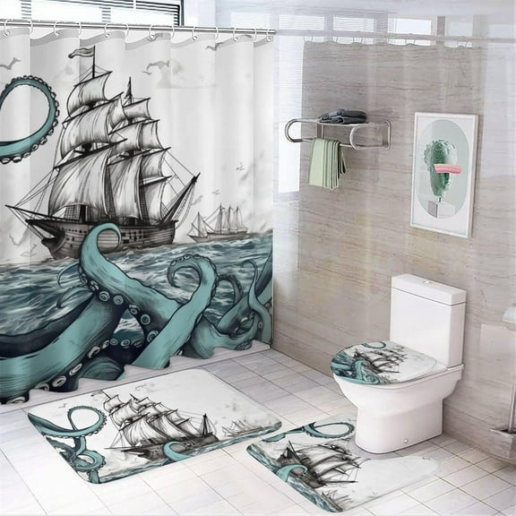 Octopus Ocean Sea Pirate 4 Pcs Bathroom Shower Curtain set,Bathroom Sets with Rugs (Bath Mat,U Shape and Toilet Lid Cover Mat), Bathroom Decor Set