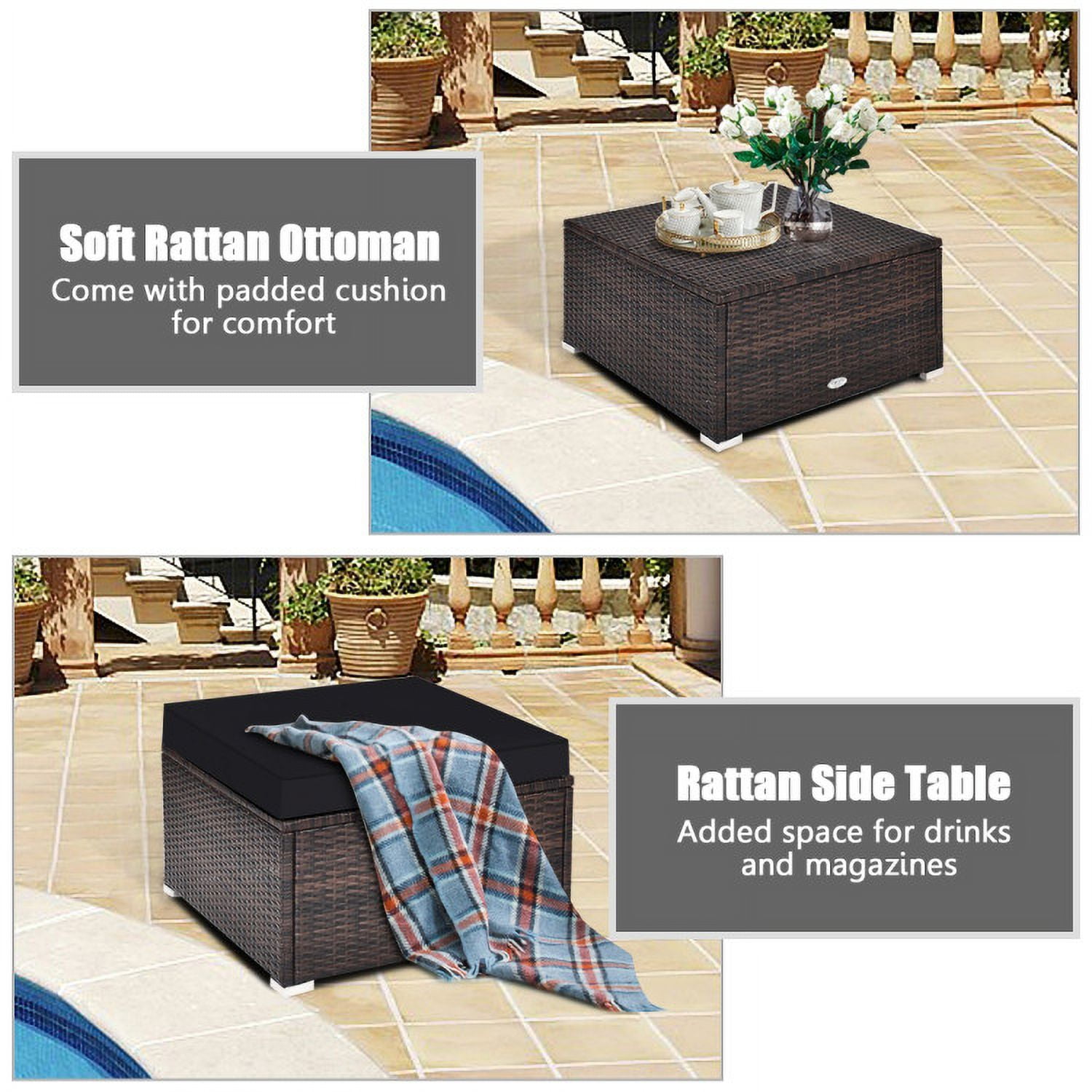 Aimee Lii 4 Pcs Ottoman Garden Deck Patio Rattan Wicker Furniture Set Cushioned Sofa, Outdoor Deck Furniture, Black