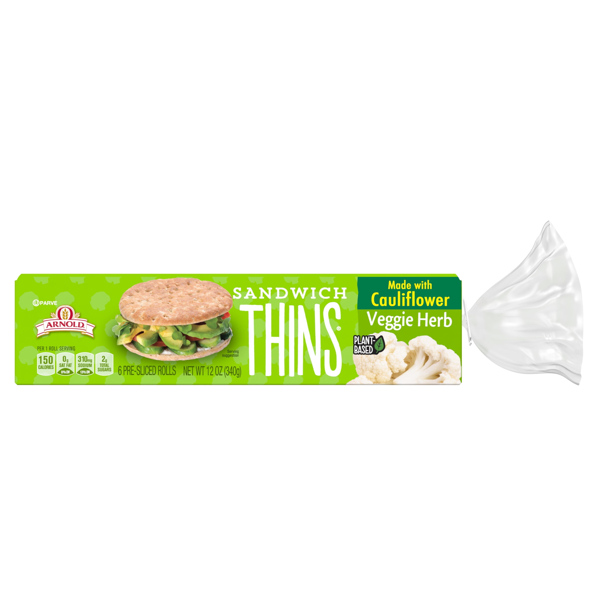 Arnold Vegetable Herb Cauliflower Sandwich Thins Rolls, No Artificial Flavors, Colors, or High Fructose Corn Syrup, 6 Count, 12 Ounce Package