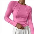 thumbnail image 3 of Camisas de Larga para Mujer, Corte Entallado, Cuello Redondo, Ropa de Otoño, Costuras Expuestas, Blusas Básicas Acanaladas. Rosa M, 3 of 7