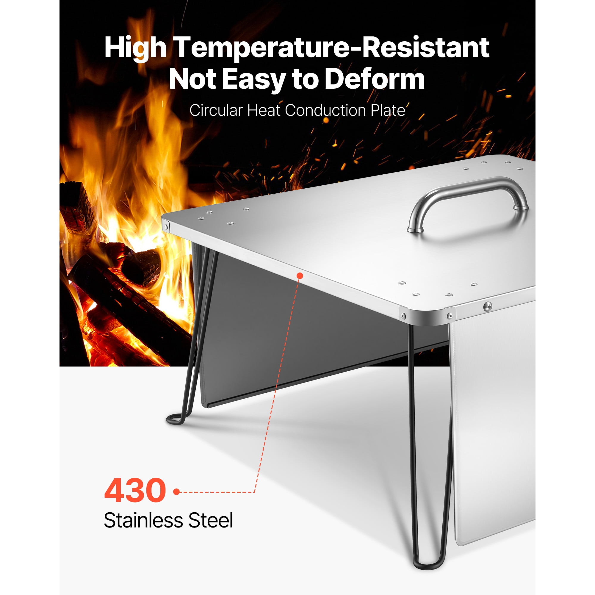 KFFKFF Square Fire Pit Heat Shield, 25.4x25.4x14.6 inch Outdoor Burner Cover, Stainless Steel Wood Burning Heat Reflector with Foldable Legs & Carry Handle for Camping and Bonfires